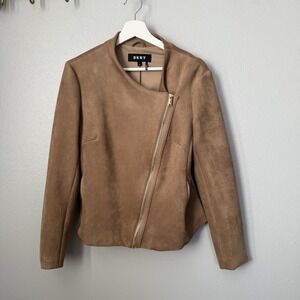 DKNY‎ Women's Faux Suede Notch Collar Jacket Medium Beige Brown Motorcycle Coat